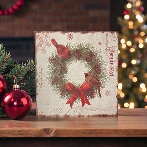 Vintage Postcard Style Cardinal Christmas Wall Art Holiday Décor Plaque 12"x12"